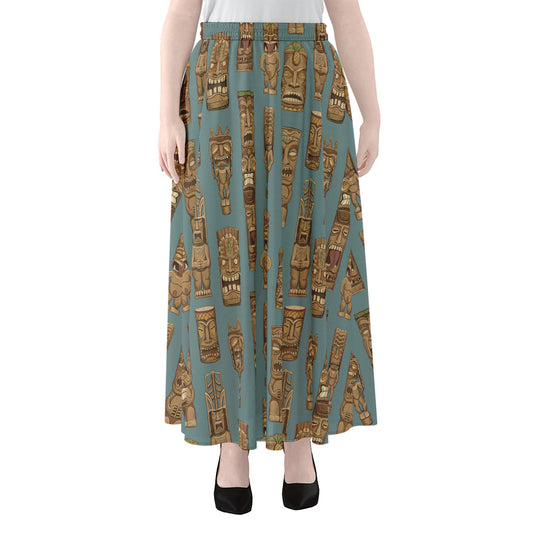 Tiki Totem Pattern Print Chiffon Maxi Skirt