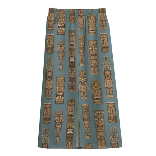 Tiki Totem Pattern Print Cotton Front Slit Maxi Skirt