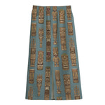 Tiki Totem Pattern Print Cotton Front Slit Maxi Skirt