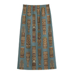 Tiki Totem Pattern Print Cotton Front Slit Maxi Skirt