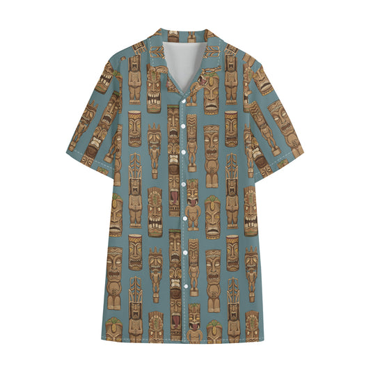 Tiki Totem Pattern Print Cotton Hawaiian Shirt