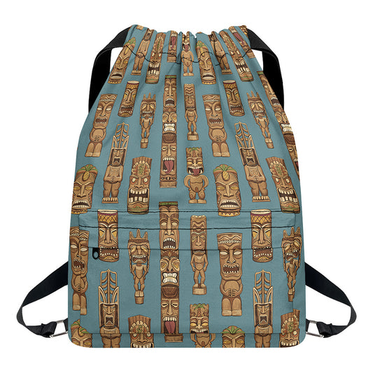 Tiki Totem Pattern Print Drawstring Backpack