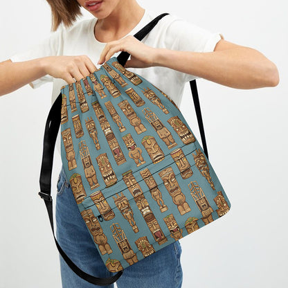 Tiki Totem Pattern Print Drawstring Backpack