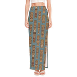 Tiki Totem Pattern Print High Slit Maxi Skirt