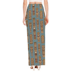 Tiki Totem Pattern Print High Slit Maxi Skirt