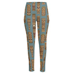 Tiki Totem Pattern Print High-Waisted Pocket Leggings