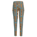 Tiki Totem Pattern Print High-Waisted Pocket Leggings