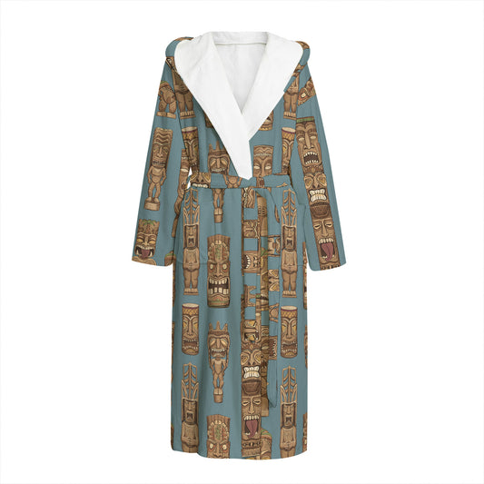 Tiki Totem Pattern Print Hooded Bathrobe