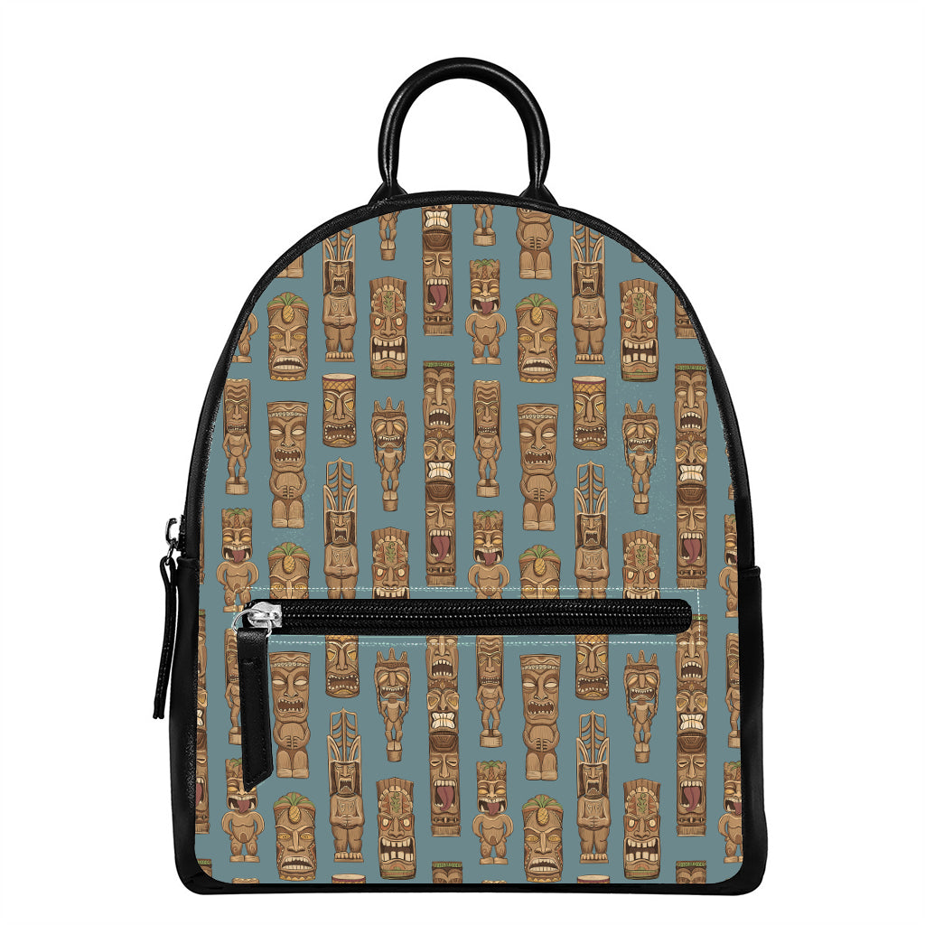 Tiki Totem Pattern Print Leather Backpack