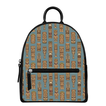 Tiki Totem Pattern Print Leather Backpack