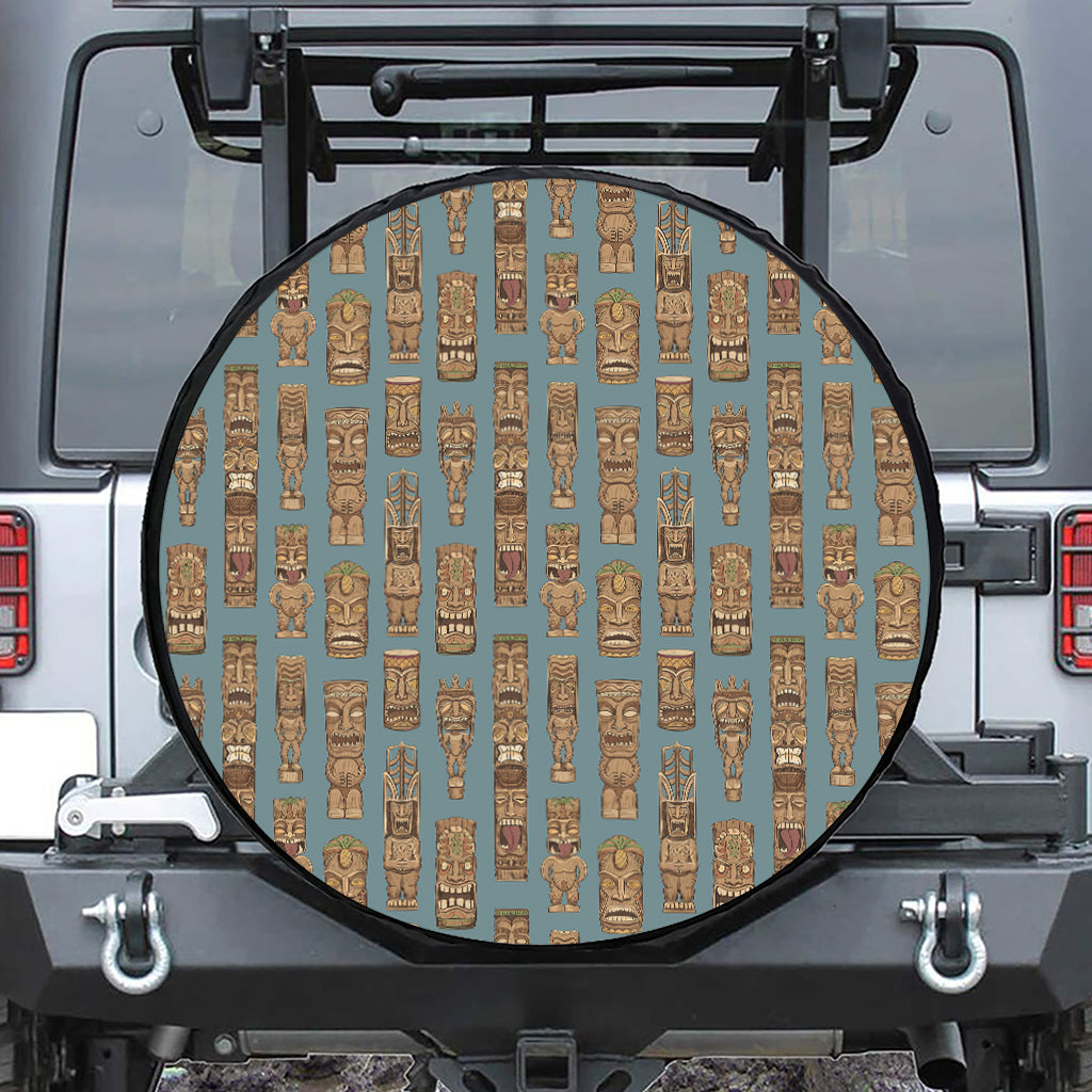 Tiki Totem Pattern Print Leather Spare Tire Cover