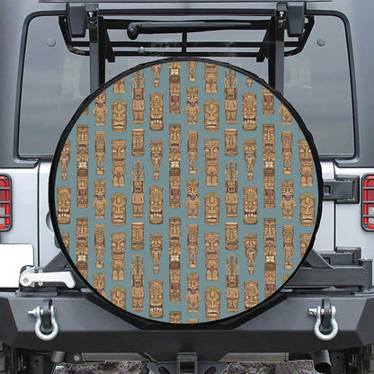 Tiki Totem Pattern Print Leather Spare Tire Cover