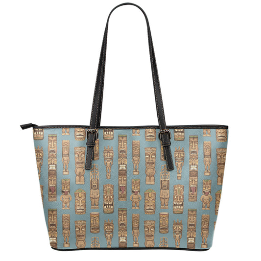 Tiki Totem Pattern Print Leather Tote Bag
