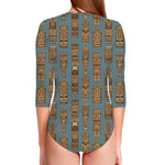 Tiki Totem Pattern Print Long Sleeve Swimsuit