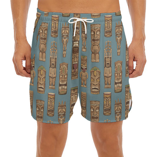 Tiki Totem Pattern Print Men's Split Running Shorts