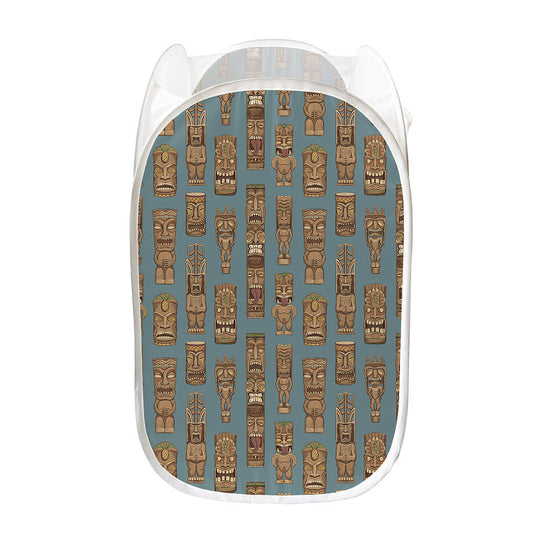 Tiki Totem Pattern Print Mesh Laundry Hamper