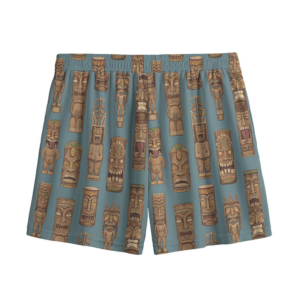 Tiki Totem Pattern Print Mesh Shorts
