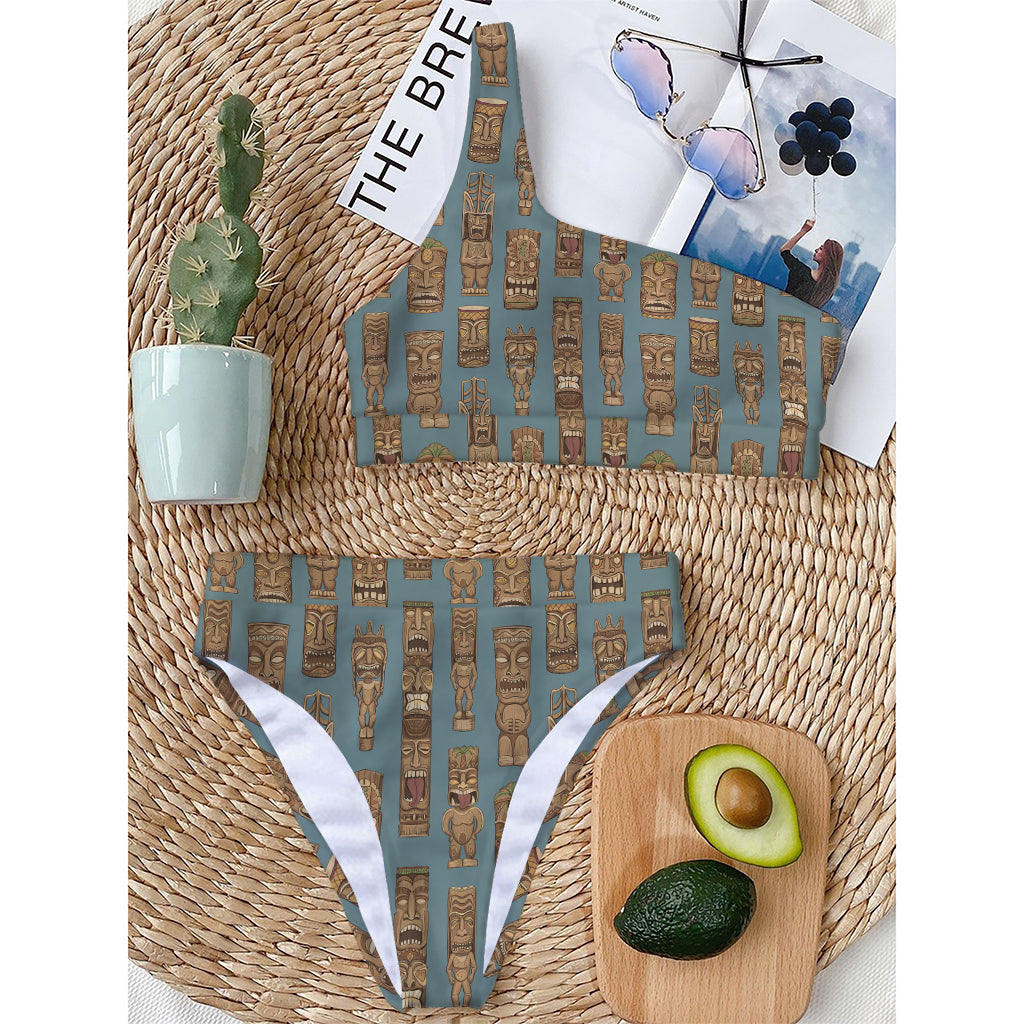 Tiki Totem Pattern Print One Shoulder Bikini Top