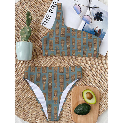 Tiki Totem Pattern Print One Shoulder Bikini Top