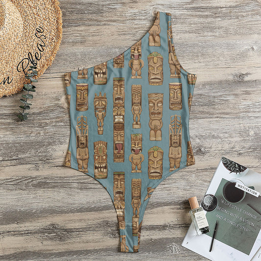 Tiki Totem Pattern Print One Shoulder Bodysuit