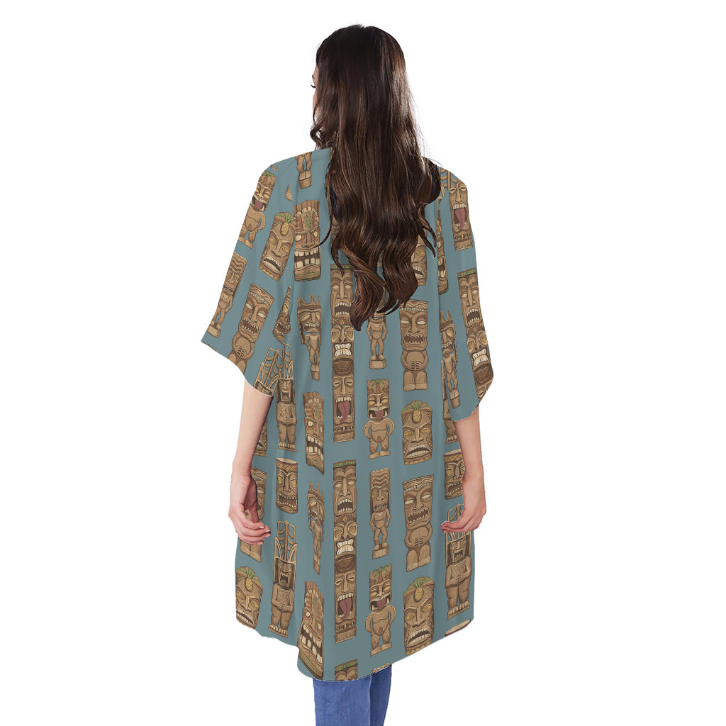Tiki Totem Pattern Print Open Front Beach Cover Up