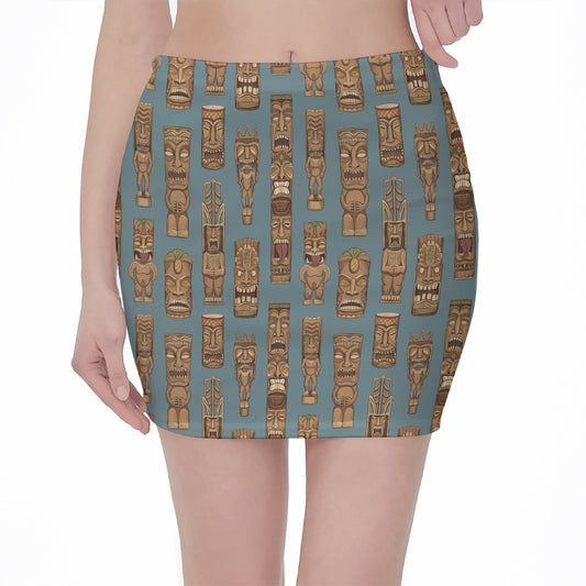 Tiki Totem Pattern Print Pencil Mini Skirt
