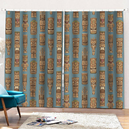 Tiki Totem Pattern Print Pencil Pleat Curtains