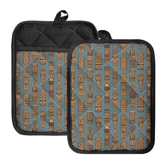 Tiki Totem Pattern Print Pot Holders With Pocket