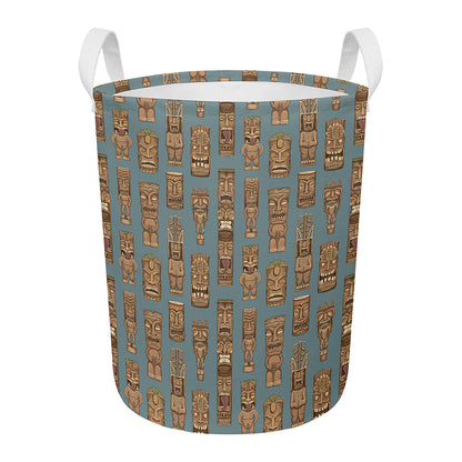 Tiki Totem Pattern Print Round Laundry Basket
