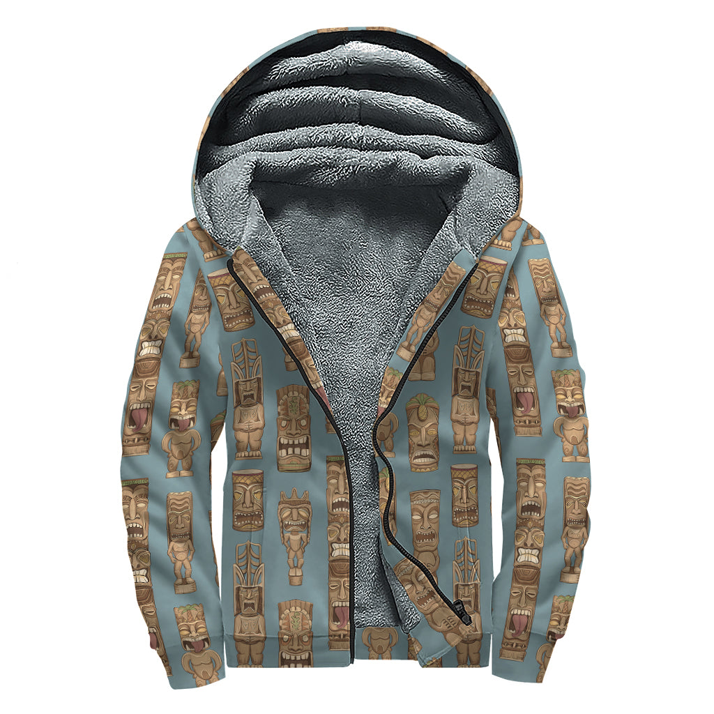 Tiki Totem Pattern Print Sherpa Lined Zip Up Hoodie