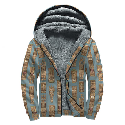Tiki Totem Pattern Print Sherpa Lined Zip Up Hoodie
