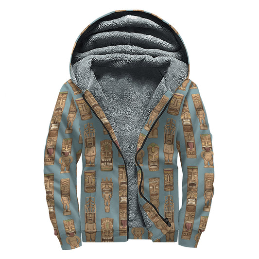 Tiki Totem Pattern Print Sherpa Lined Zip Up Hoodie