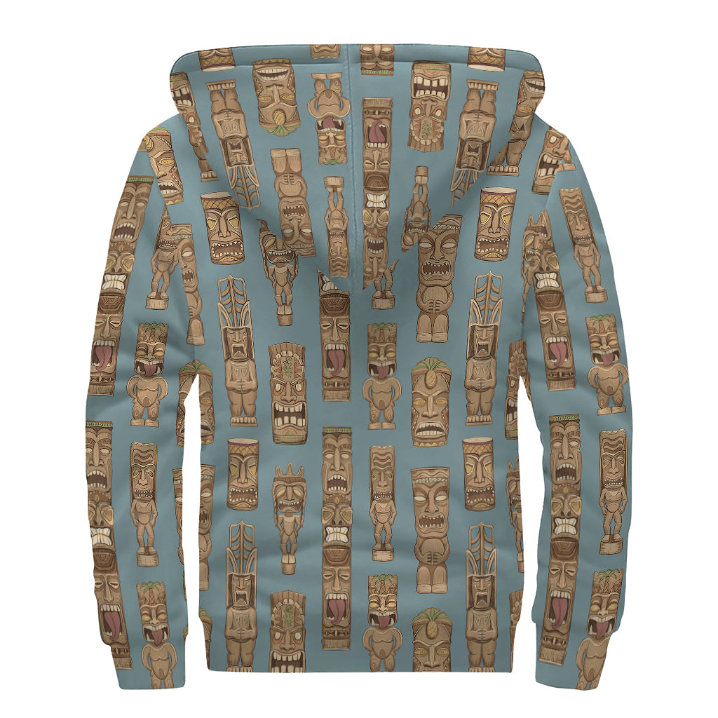 Tiki Totem Pattern Print Sherpa Lined Zip Up Hoodie