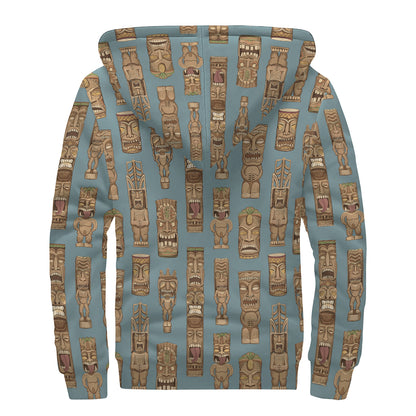 Tiki Totem Pattern Print Sherpa Lined Zip Up Hoodie