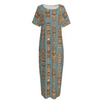 Tiki Totem Pattern Print Short Sleeve Long Nightdress