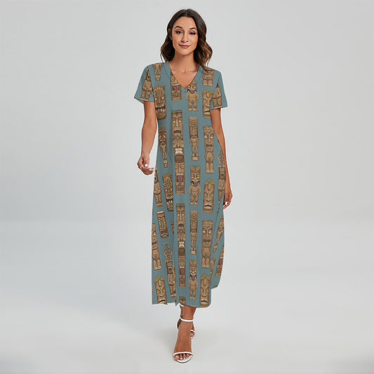 Tiki Totem Pattern Print Short Sleeve Maxi Dress
