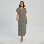 Tiki Totem Pattern Print Short Sleeve Maxi Dress