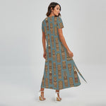 Tiki Totem Pattern Print Short Sleeve Maxi Dress