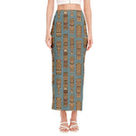 Tiki Totem Pattern Print Side Slit Maxi Skirt