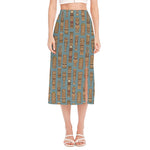 Tiki Totem Pattern Print Side Slit Midi Skirt