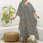 Tiki Totem Pattern Print Silk V-Neck Kaftan Dress