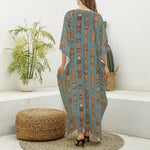 Tiki Totem Pattern Print Silk V-Neck Kaftan Dress
