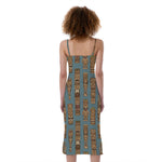 Tiki Totem Pattern Print Slim Fit Midi Cami Dress
