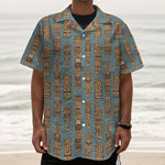 Tiki Totem Pattern Print Textured Short Sleeve Shirt