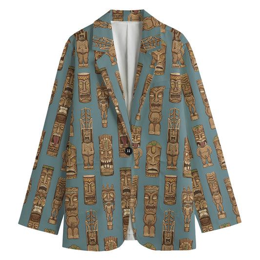 Tiki Totem Pattern Print Women's Cotton Blazer