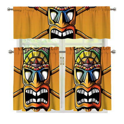 Tiki Totem Print 3 Piece Kitchen Curtains