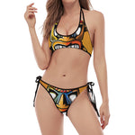 Tiki Totem Print Halter Scoop Tie Side Bikini