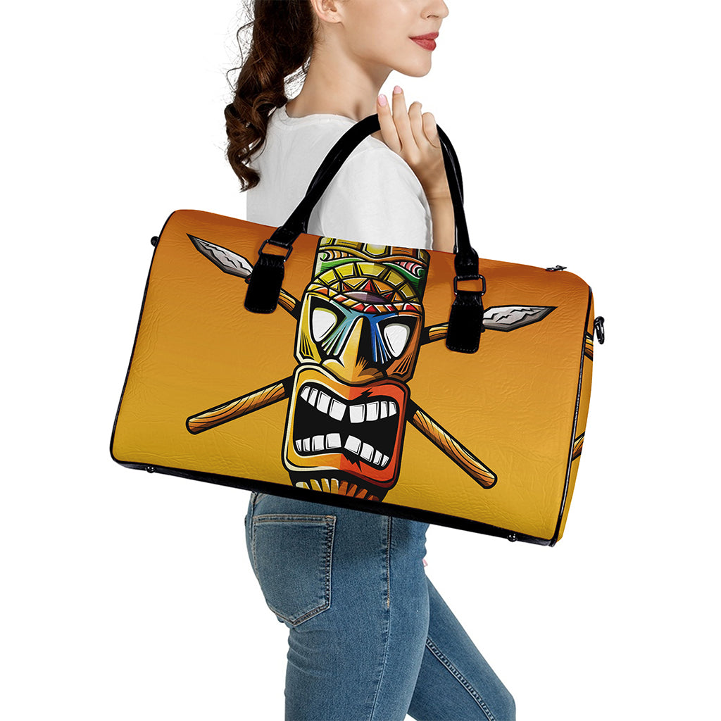 Tiki Totem Print Leather Duffle Bag