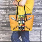 Tiki Totem Print Leather Tote Bag