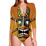 Tiki Totem Print Long Sleeve Swimsuit